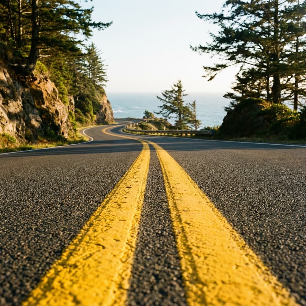 Scenic road with clear double solid yellow lines down the center, symbolizing the no-passing rule