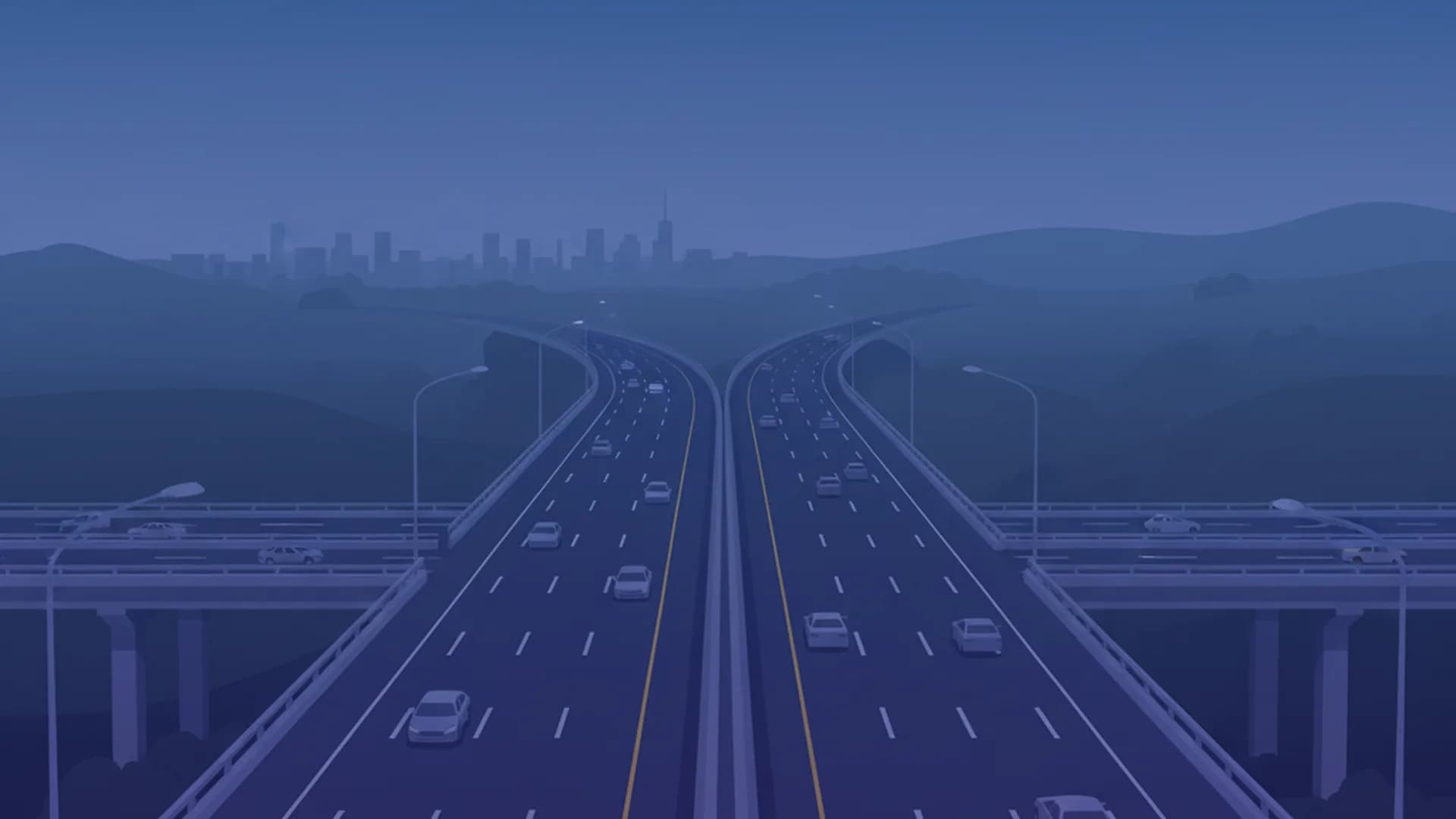 Aerial view of a multi-lane U.S. highway at dusk